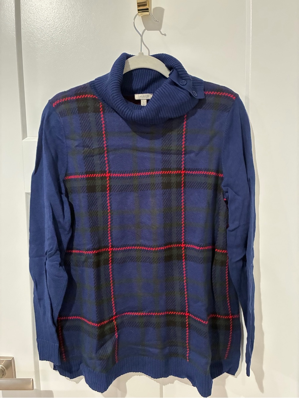 Talbots Blue Plaid Turtleneck Sweater with Red Trim